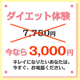 
ダイエット体験
7750円→今なら3000円

キレイになりたいあなたは、
今すぐ、お電話ください。
